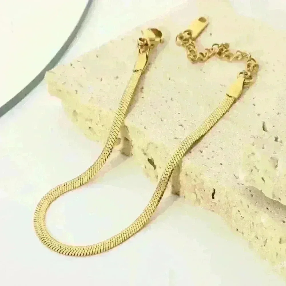 New Women's Gold 18k Flat Snake Gold Chain over Sterling Silver Bracelet - Picture 2 of 2